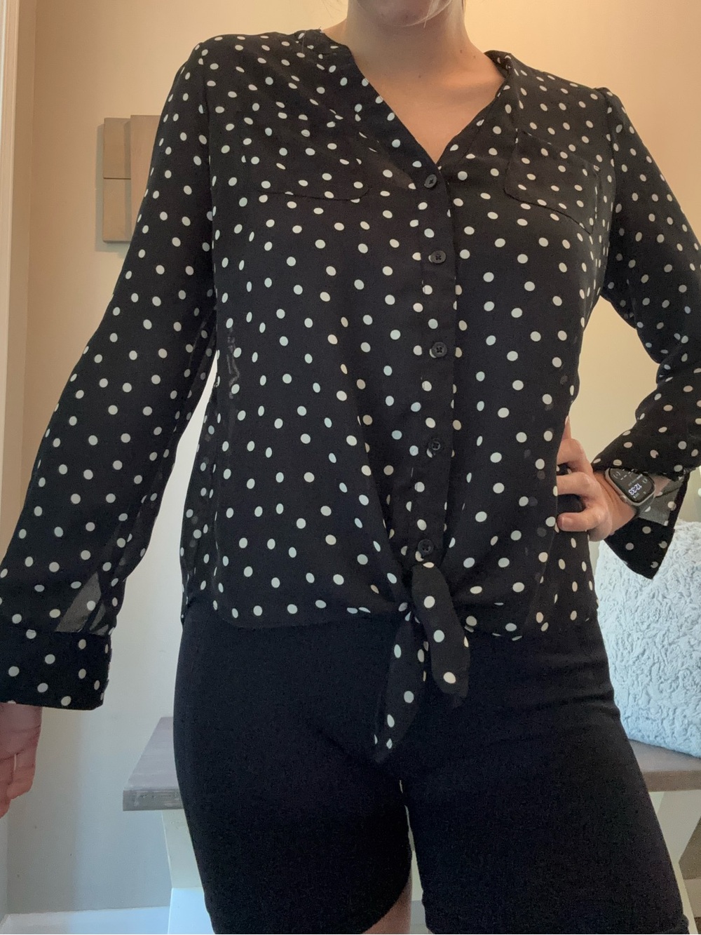 Candie's Black and White Polka Dot Button-Front Tie Blouse